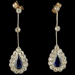 Long drop sapphire and diamond earrings, circa 1910