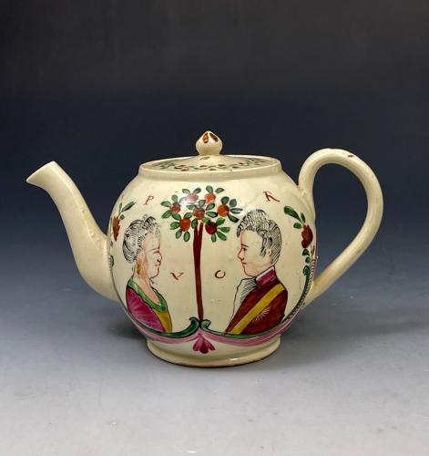 English creamware pottery teapot Dutch painted with Royal portraits and an orange tree circa 1775