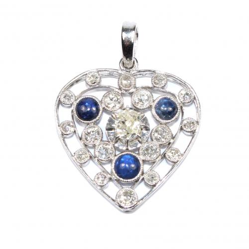 Art Deco Diamond & Sapphire Heart Pendant - French c.1930