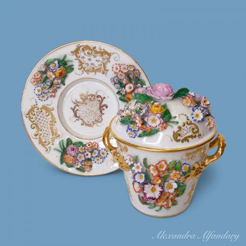 A Highly Decorative French Jacob Petit Chocolate Cup and Saucer, circa 1840-1860