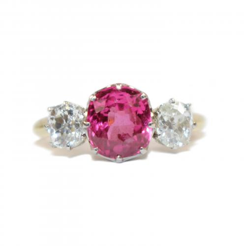 Art Deco Pink Spinel & Diamond 3 Stone Ring c.1930