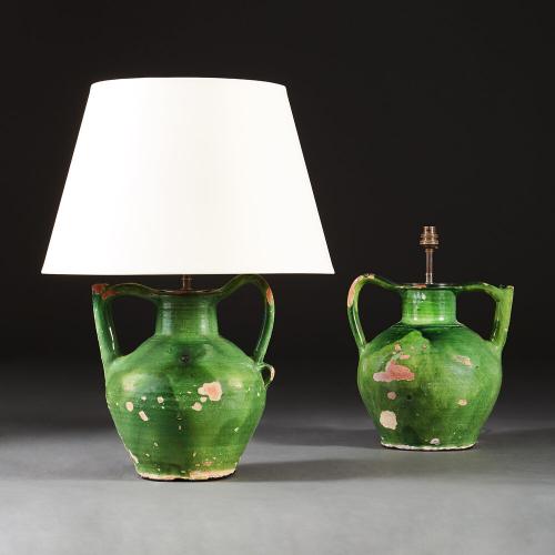 A Near Pair of Green Glaze Pitchers as Lamps