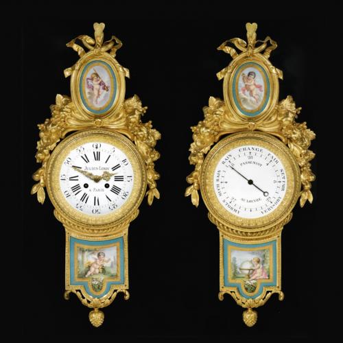 A Fine Gilt-Bronze Wall Clock and Matching Barometer with Sèvres Style Porcelain Plaques