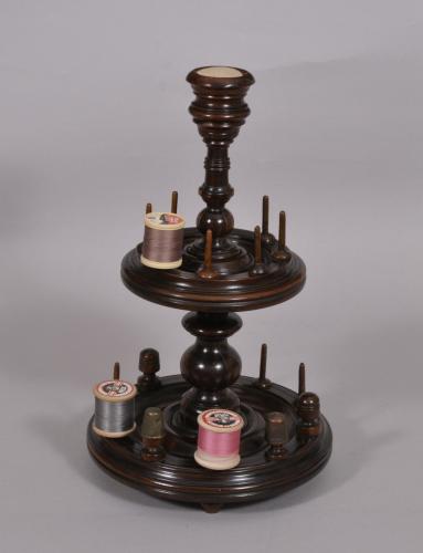 S/4536 Antique Treen 19th Century Mahogany and Walnut Two Tier Reel Stand