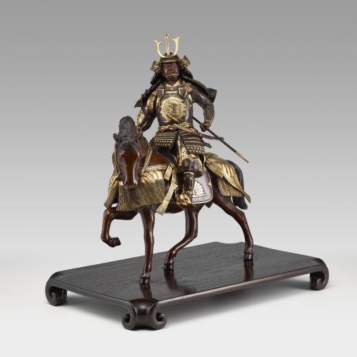 Japanese bronze Samurai warrior on horseback signed Yoshimitsu, Meiji period