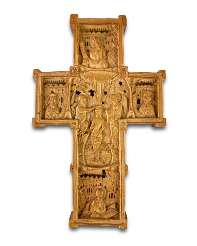 Cypress wood blessing cross. Mount Athos workshop, 19th century