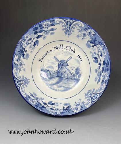 Blue & White pottery bowl with image of a windmill titled Riccarton Mill Club 1811 with journal