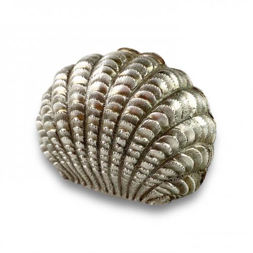 Silver shell shaped nutmeg grater by Hilliard & Thomason. Birmingham, c.1867