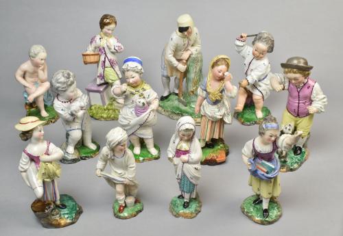 Collection of twelve Hochst Damm faience figures after the models by Melchior, c.1840