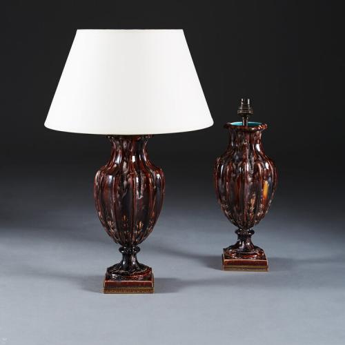 An Unusual Pair of Drip Glaze Urn Lamps