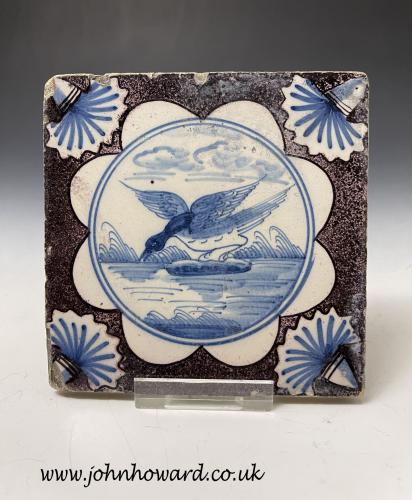 English delftware tile with image of a swan, Bristol Delftworks mid 18th century