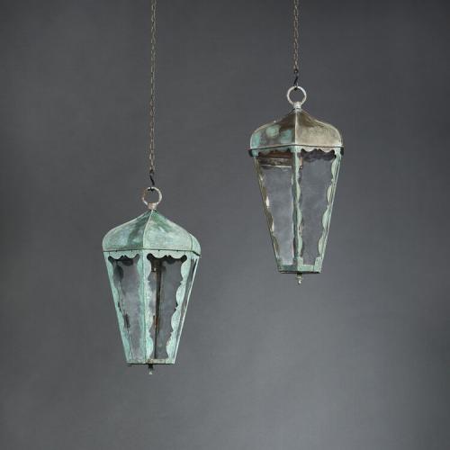 A Matched Pair of Verdigris Hanging Lanterns