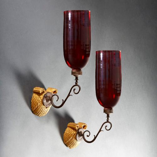 An Unusual Pair of Mid 19th Century Wall Sconces with Red Hurricane Shades