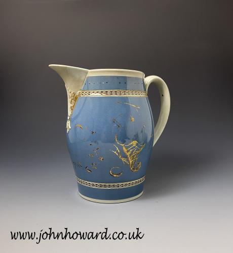 Early Mochaware solid blue dipped pitcher decoarted with black and white bands dated 1790
