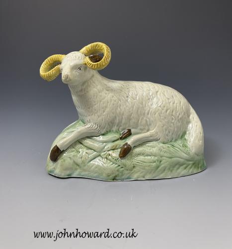 Staffordshire pottery figure of a ram with spectacular horns late 18th century England