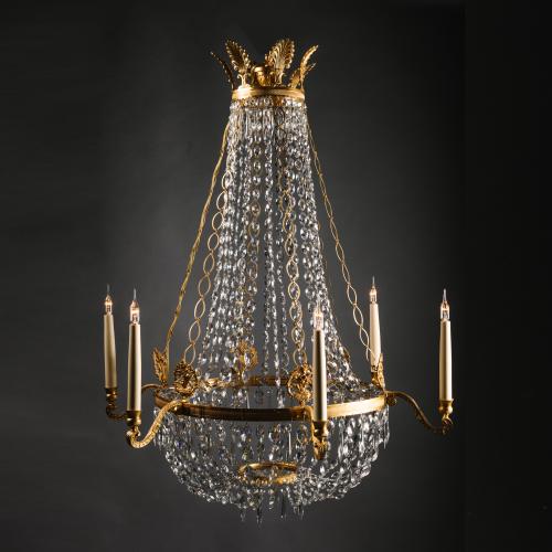 A Fine Swedish Empire Style Gilt-Bronze and Cut-Crystal Tent and Basket Chandelier