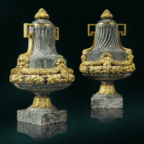 A Fine Pair of Gilt-Bronze Mounted Green Cipollino Marble Vases.
