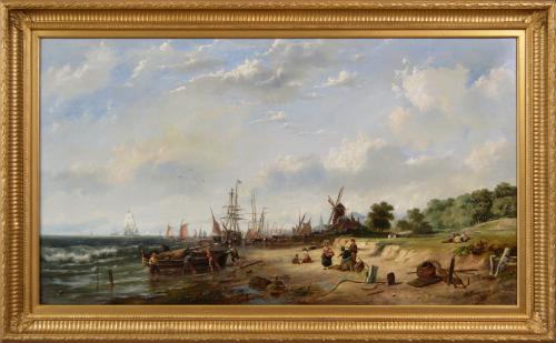 Seascape oil painting of fishing boats by a Dutch shore by Pieter Cornelis Dommersen