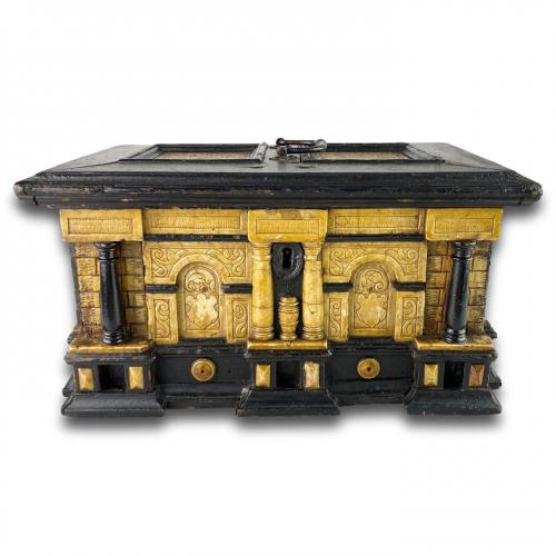 Gilded alabaster and ebonised pear wood strongbox. Malines, early 17th century