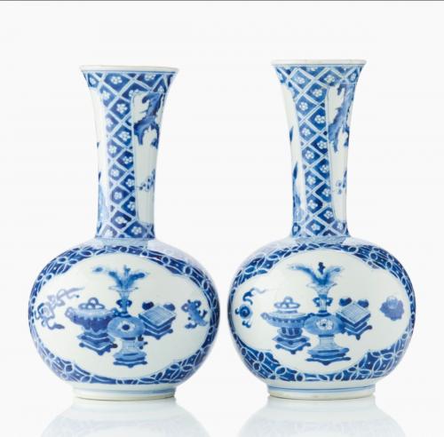 A Pair of Chinese Blue and White Bottle Vases, Kangxi (1662 - 1722)