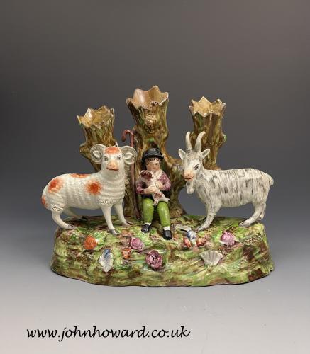 Staffordshire Dale Pottery figure group with ram , ewe and shepherd circa 1820