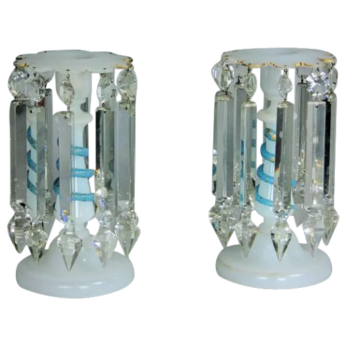 Pair of Victorian Opaline Glass Candlesticks, with Blue Serpent Coiled around Central Column. Circa 1880. (c. 1880 French)