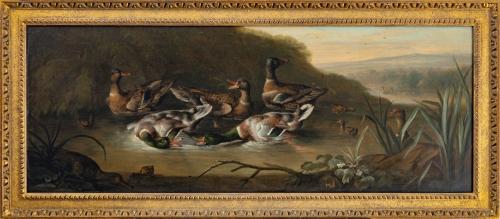 Mallard Drakes with Ducks and Ducklings in a Stream by Sartorius