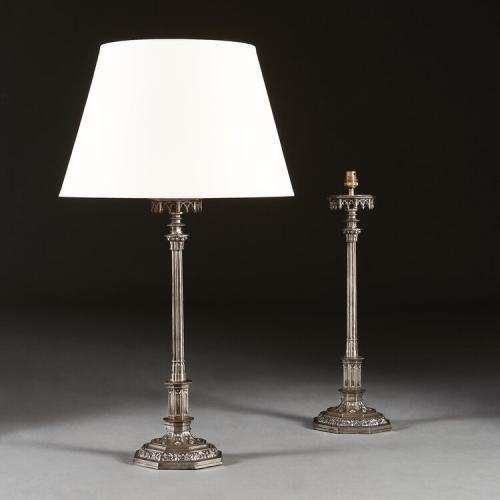 A Fine Pair of Gothic Polished Steel Candlestick Lamps after Pugin