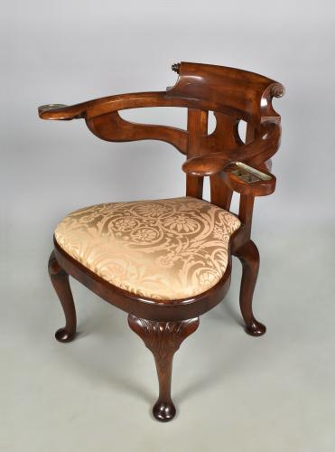 George II cabriole leg walnut writing chair of unusual design. Circa 1740