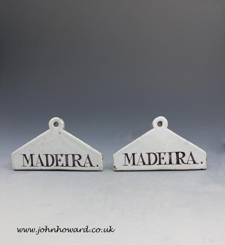 Two London Delftware pottery Madeira wine bin labels mid 18th century England