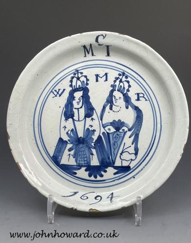 English delftware pottery plate with William and Mary portraits and dated 1694