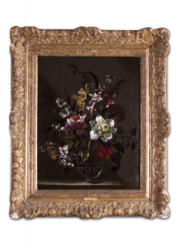 Flemish school, 17th Century, Narcissi and other Summer Blooms in a Glass Vase on a Ledge