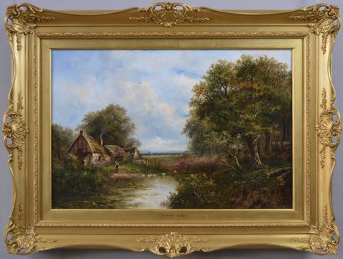 Landscape oil painting of a duck pond by a country cottage by Joseph Thors