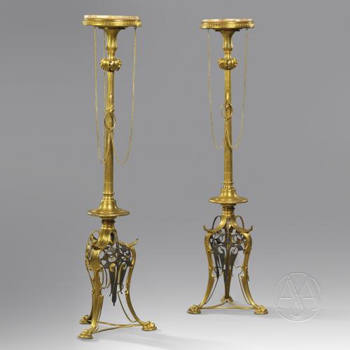 A Pair of Rare 'Neo-Grec' Gilt and Patinated Bronze Torchère Stands