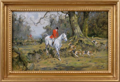 Sporting oil painting of horses & hounds hunting by George Wright