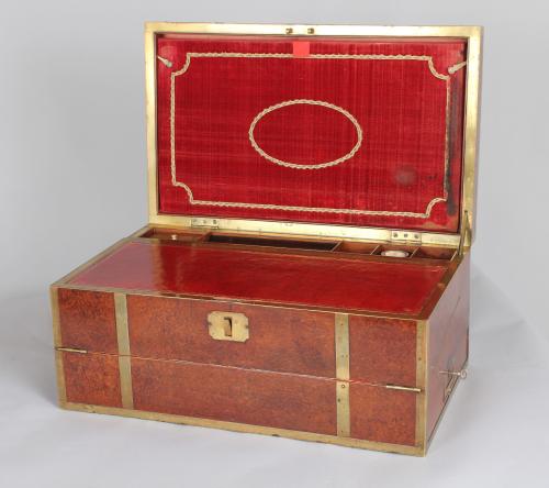 An important mid 19th century French brass mounted amboyna writing box