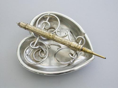 Victorian Silver Heart Shaped Pen Rest / Trinket Dish