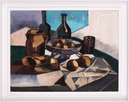 Serra (French, 20th Century), Still life with peaches and bottles