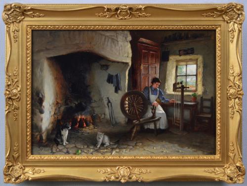 Genre oil painting of a woman spinning wool in a cottage interior by Jonathan Pratt