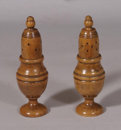 S/4692 Antique Treen Late 19th Century Pair of Sycamore Salt and Pepper Sifters