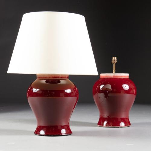 A Pair of Large Red Mei Ping Vases as Lamps