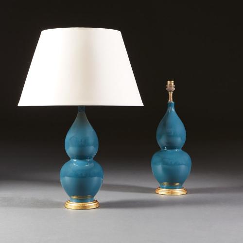 Pair of Turquoise Chinese Double Gourd Vases as Lamps