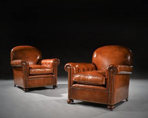 Antique Pair of Edwardian Leather Upholstered Club Chairs
