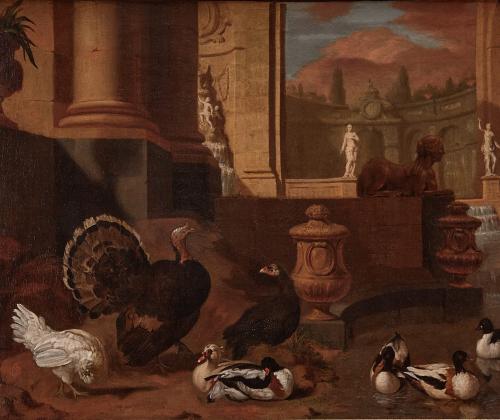 Circle of Isaac de Moucheron (Amsterdam 1667-1744) and Dirk Wyntrack (The Hague 1615- 1678) Capriccio of classical ruins with ornamental fowl