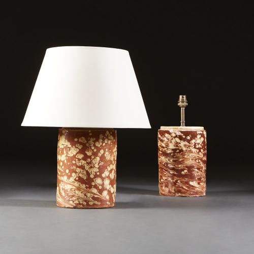 Pair of Sicilian Pharmacy Jars with Marbleised Glaze as Lamps