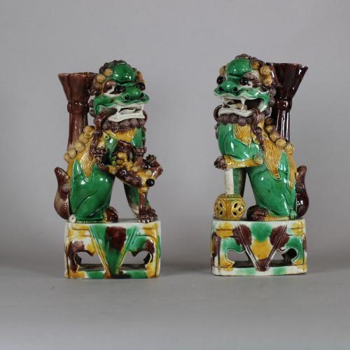Pair of Chinese famille verte joss stick holders, Kangxi (1662-1722)