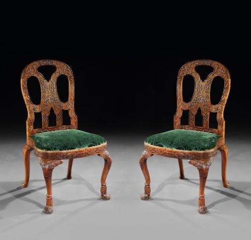 Wonderful Rare Pair of Chinese Canton Hardwood 18th Century Sidechairs