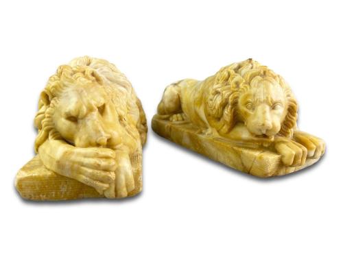 Grand tour alabaster sculptures of Canova’s lions. Italian, mid 19th century