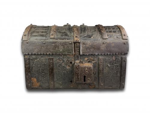 Iron mounted cuir bouilli (boiled leather) casket. French, late 15th century