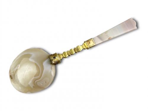 Engraved parcel-gilt silver and agate spoon. French, mid 17th century